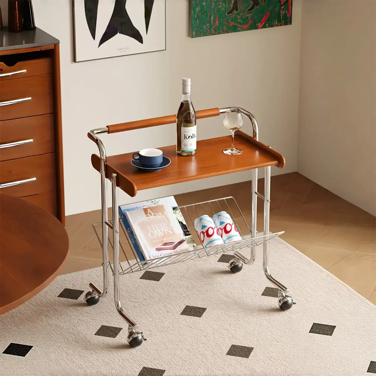 Lumo Solid Wood Stainless Steel Rolling Cart