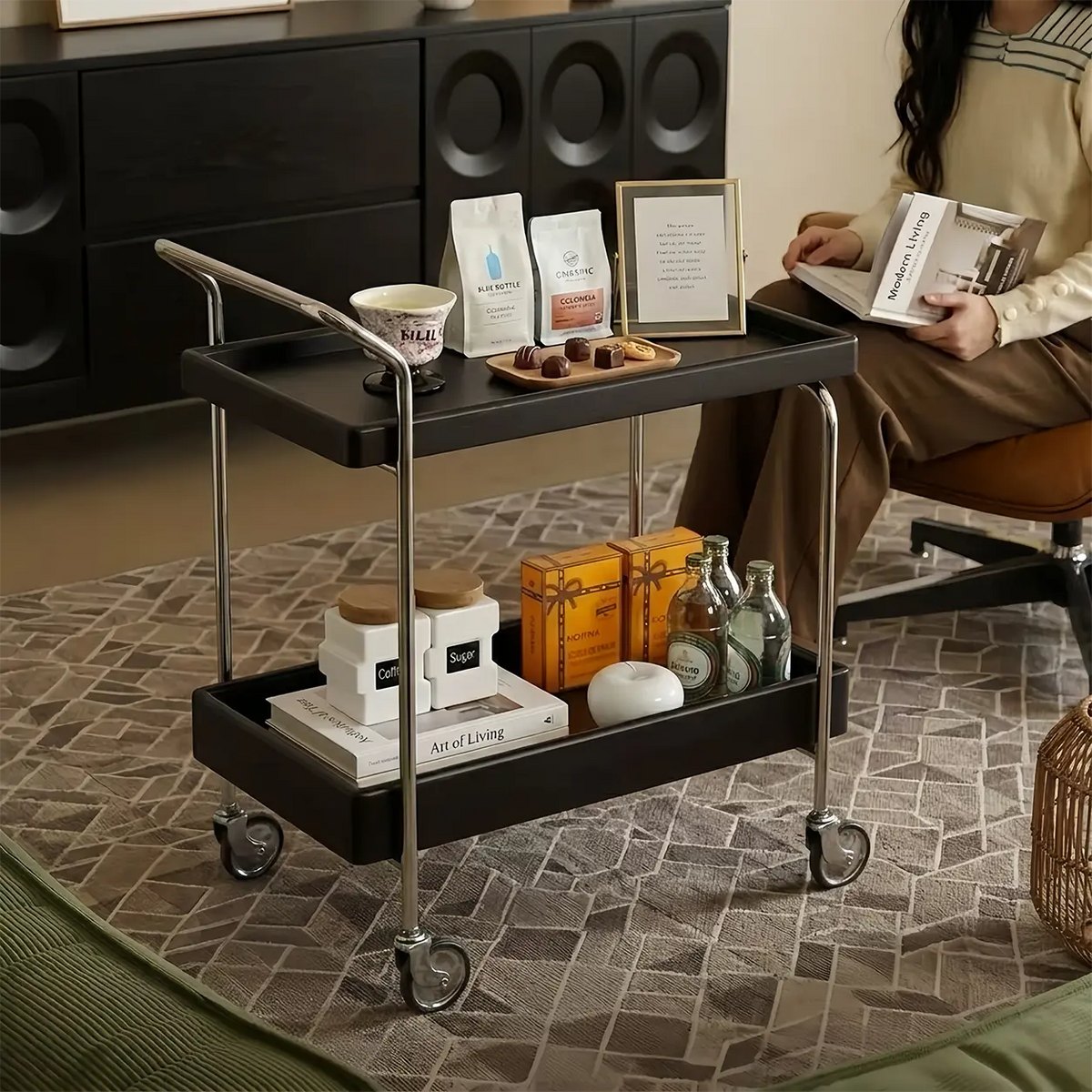 Noma Solid Wood Stainless Steel Rolling Cart