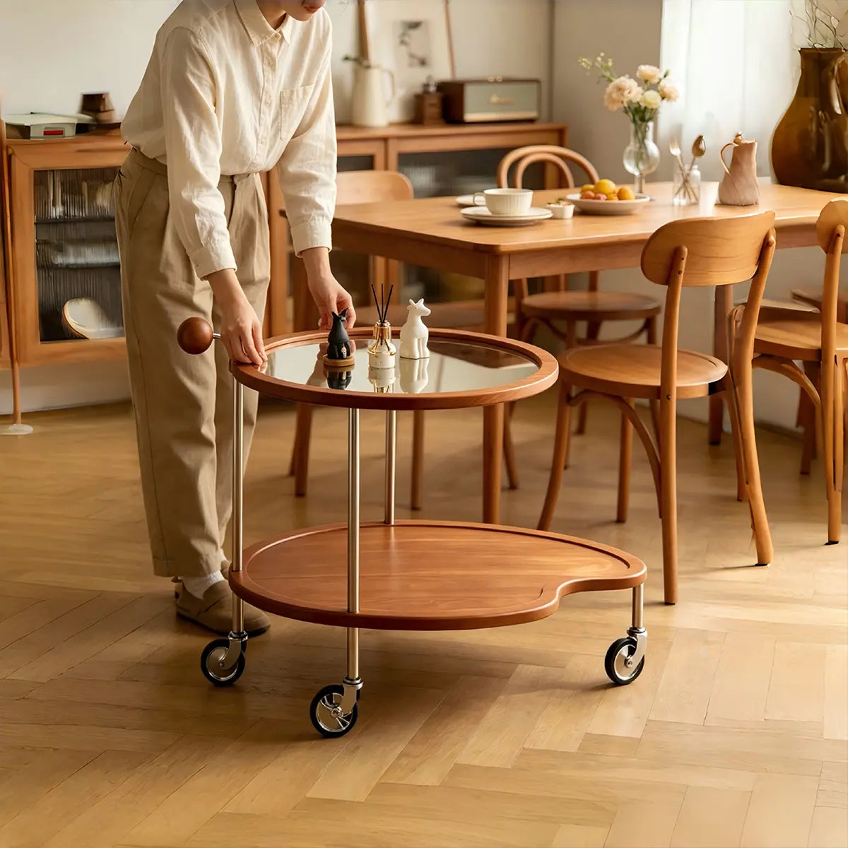 Manya Wood Glass Rolling Cart