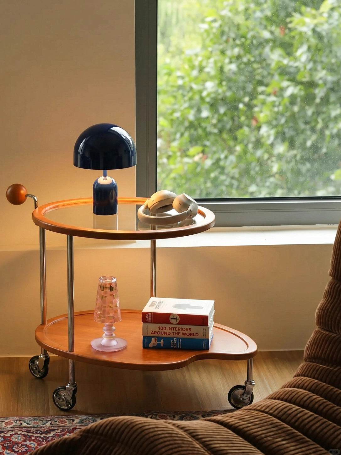 Manya Cherry Wood Glass Rolling Cart