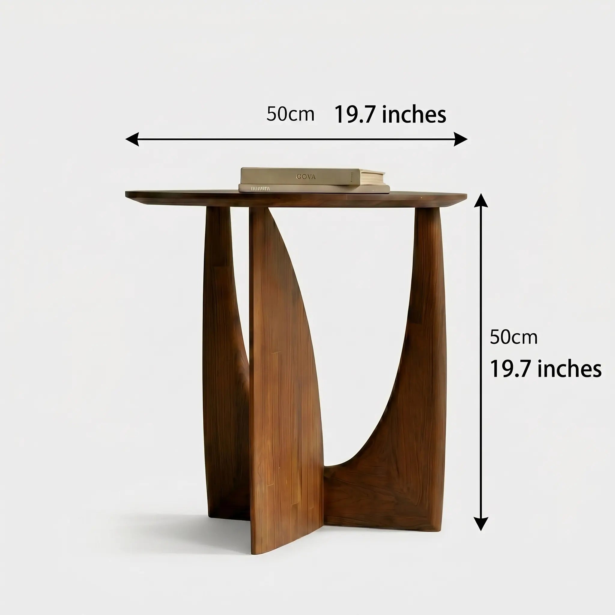Wooden side table with dimensions labeled on a white background