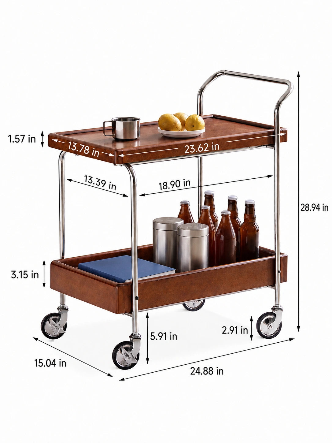 Noma Solid Wood Stainless Steel Rolling Cart