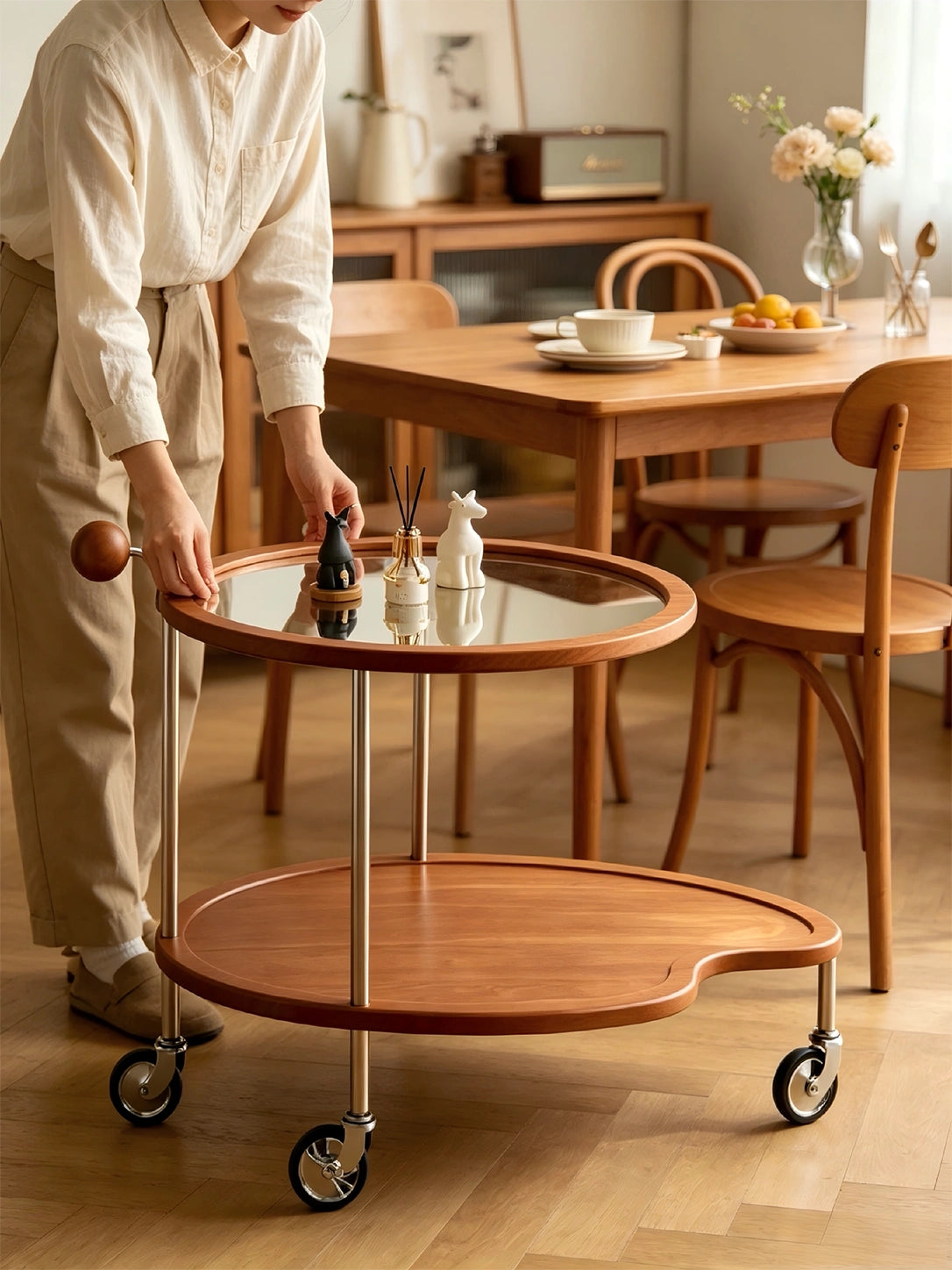 Manya Cherry Wood Glass Rolling Cart