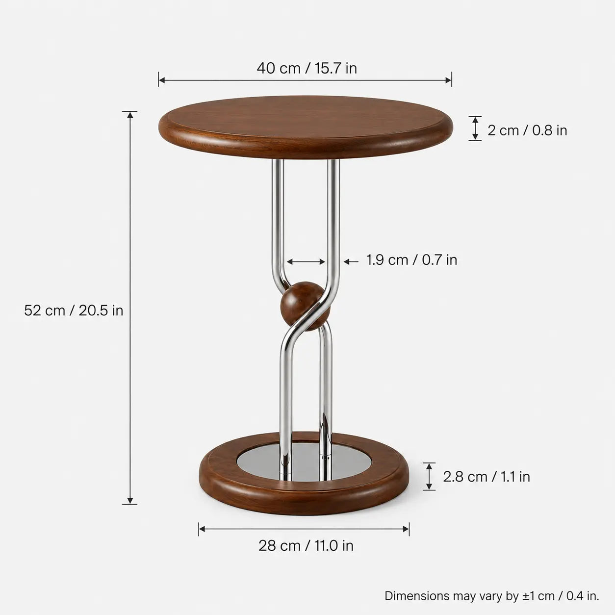 Small round table with dimensions labeled on a white background