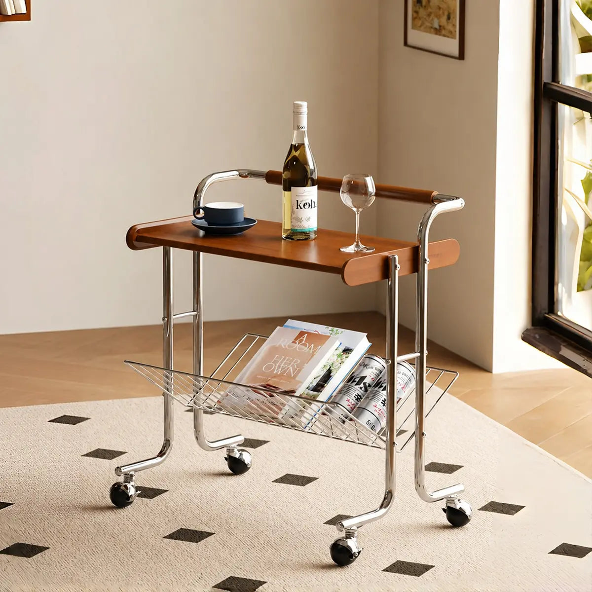 Lumo Solid Wood Stainless Steel Rolling Cart