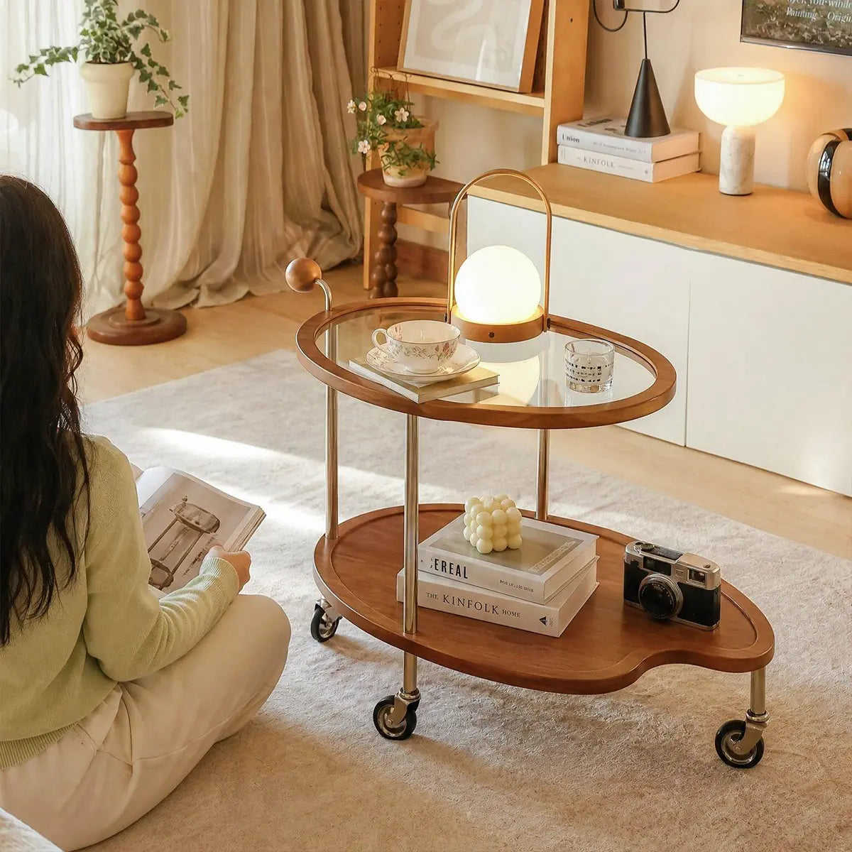 Manya Wood Glass Rolling Cart