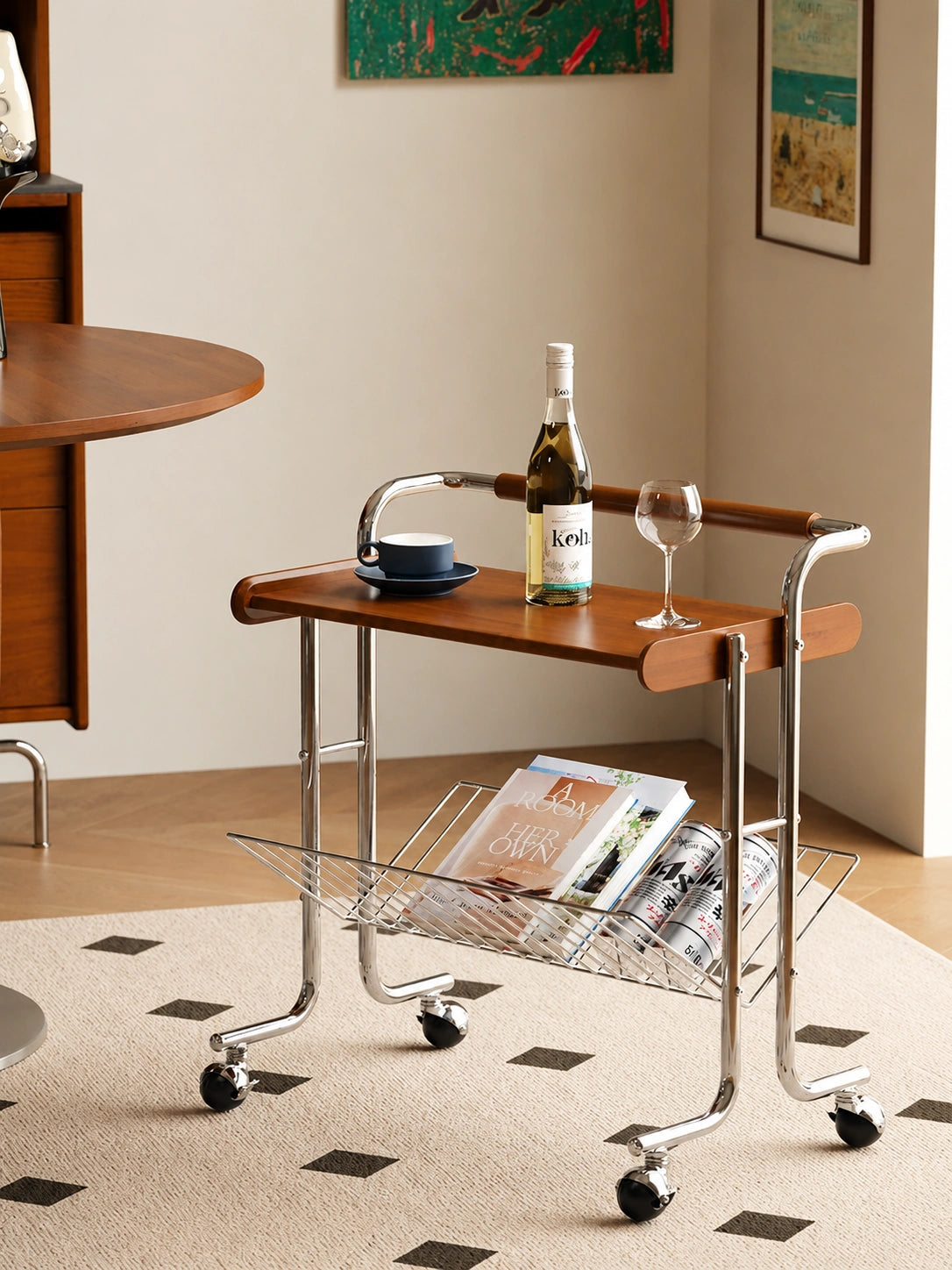 Lumo Solid Wood Stainless Steel Rolling Cart