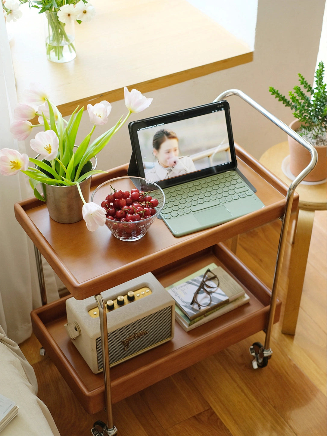 Noma Solid Wood Stainless Steel Rolling Cart