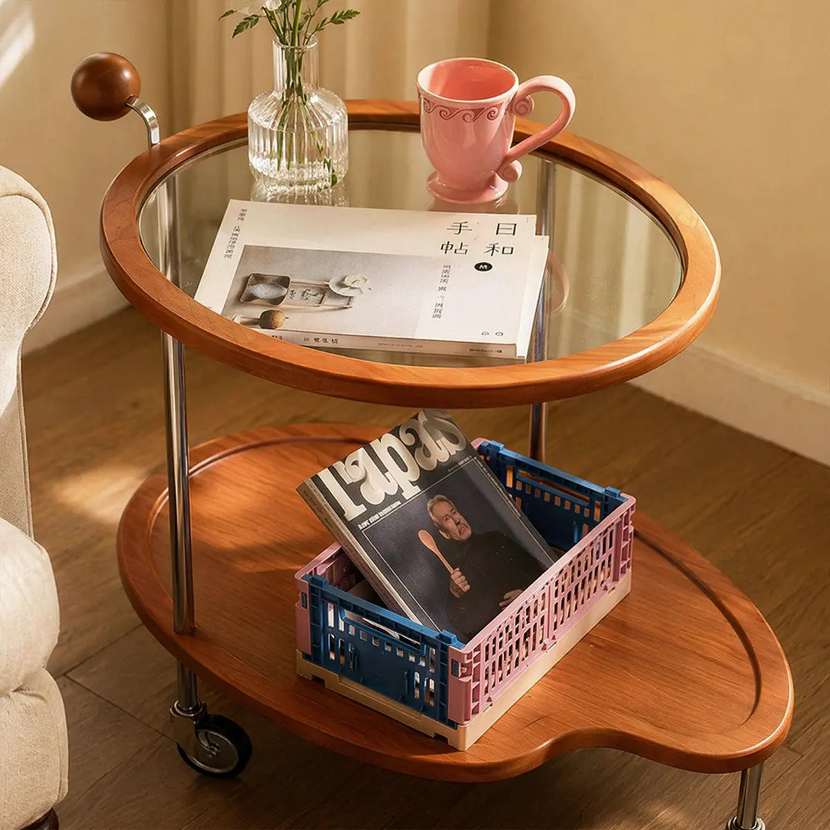 Manya Wood Glass Rolling Cart