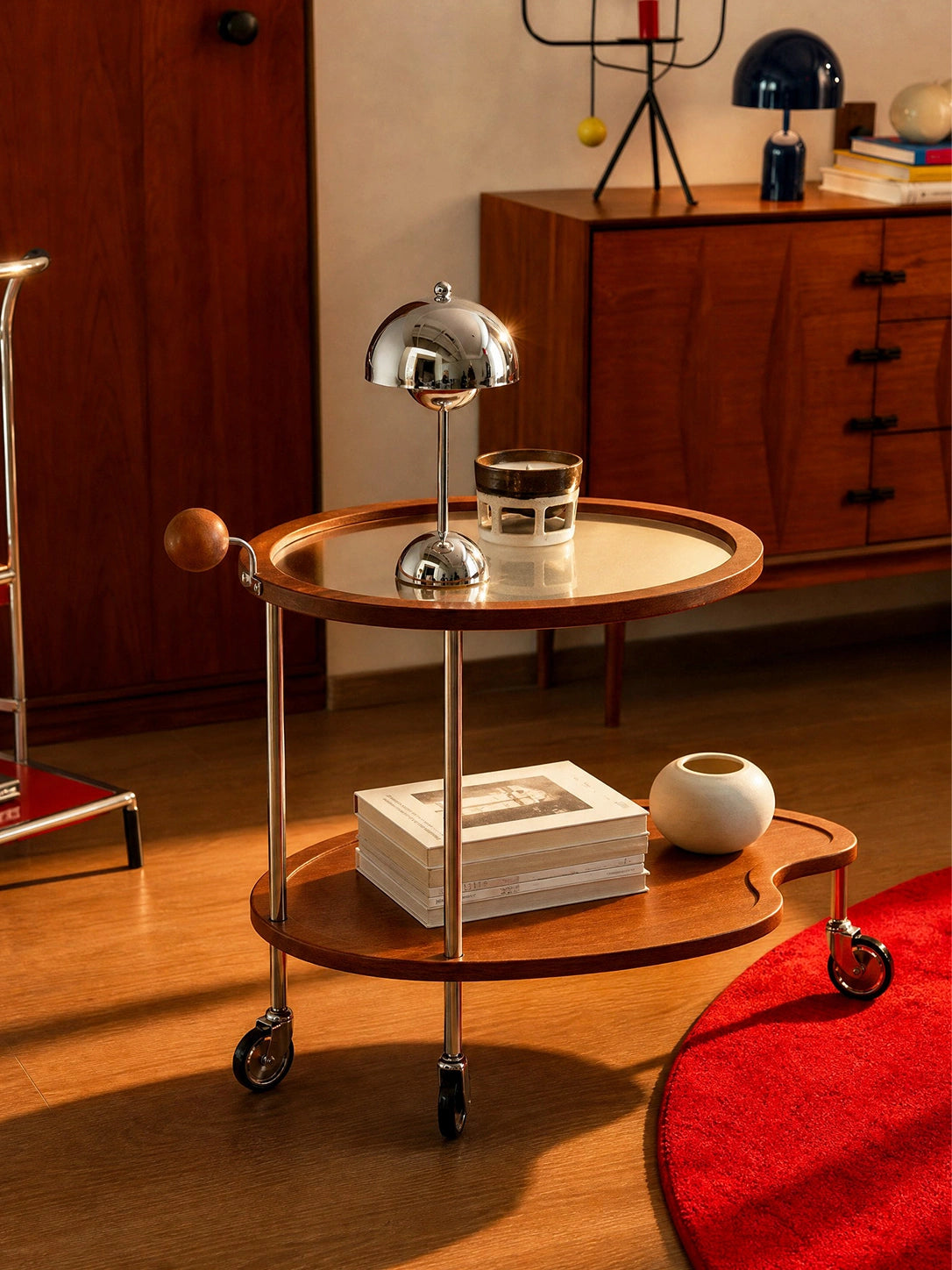 Manya Cherry Wood Glass Rolling Cart