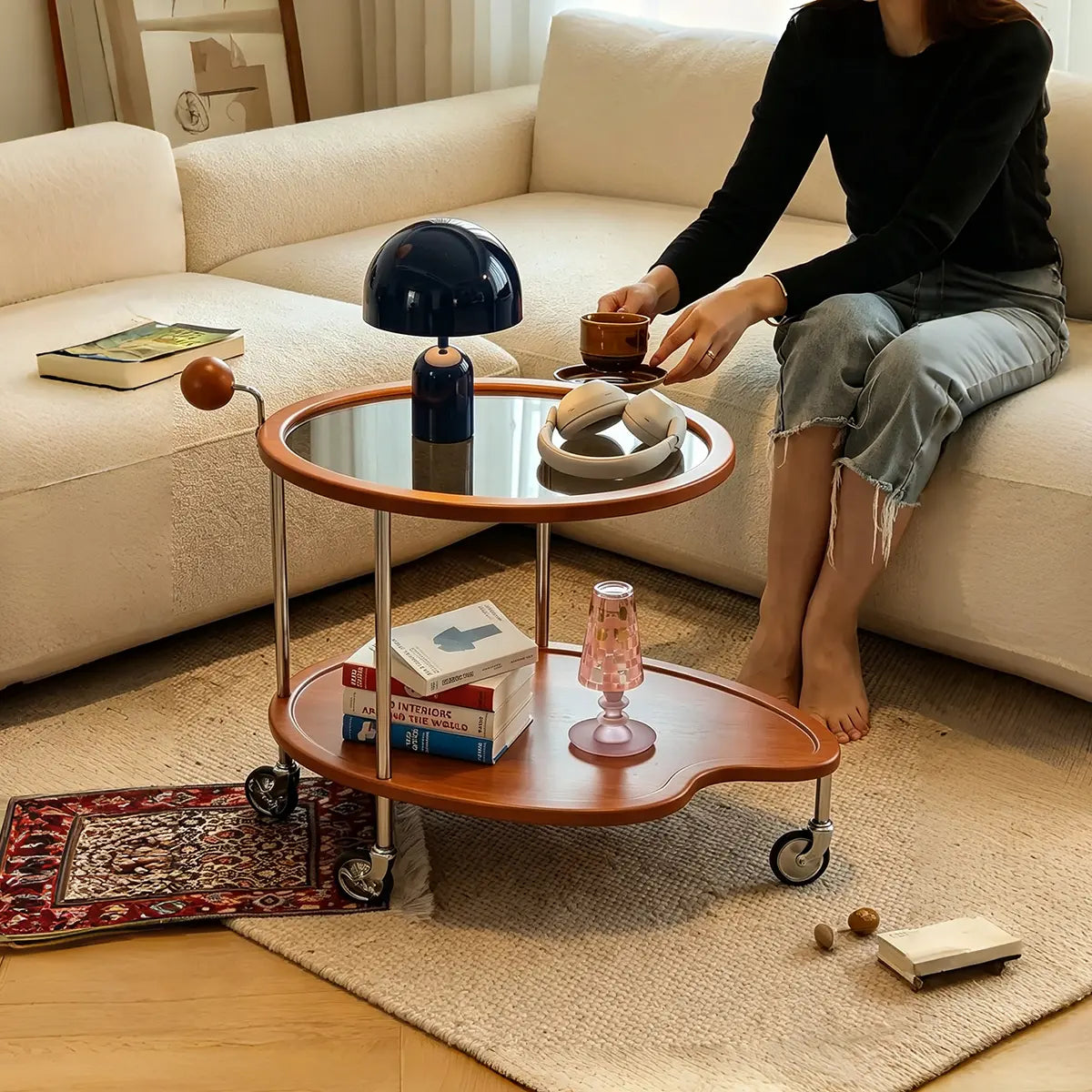 Manya Wood Glass Rolling Cart