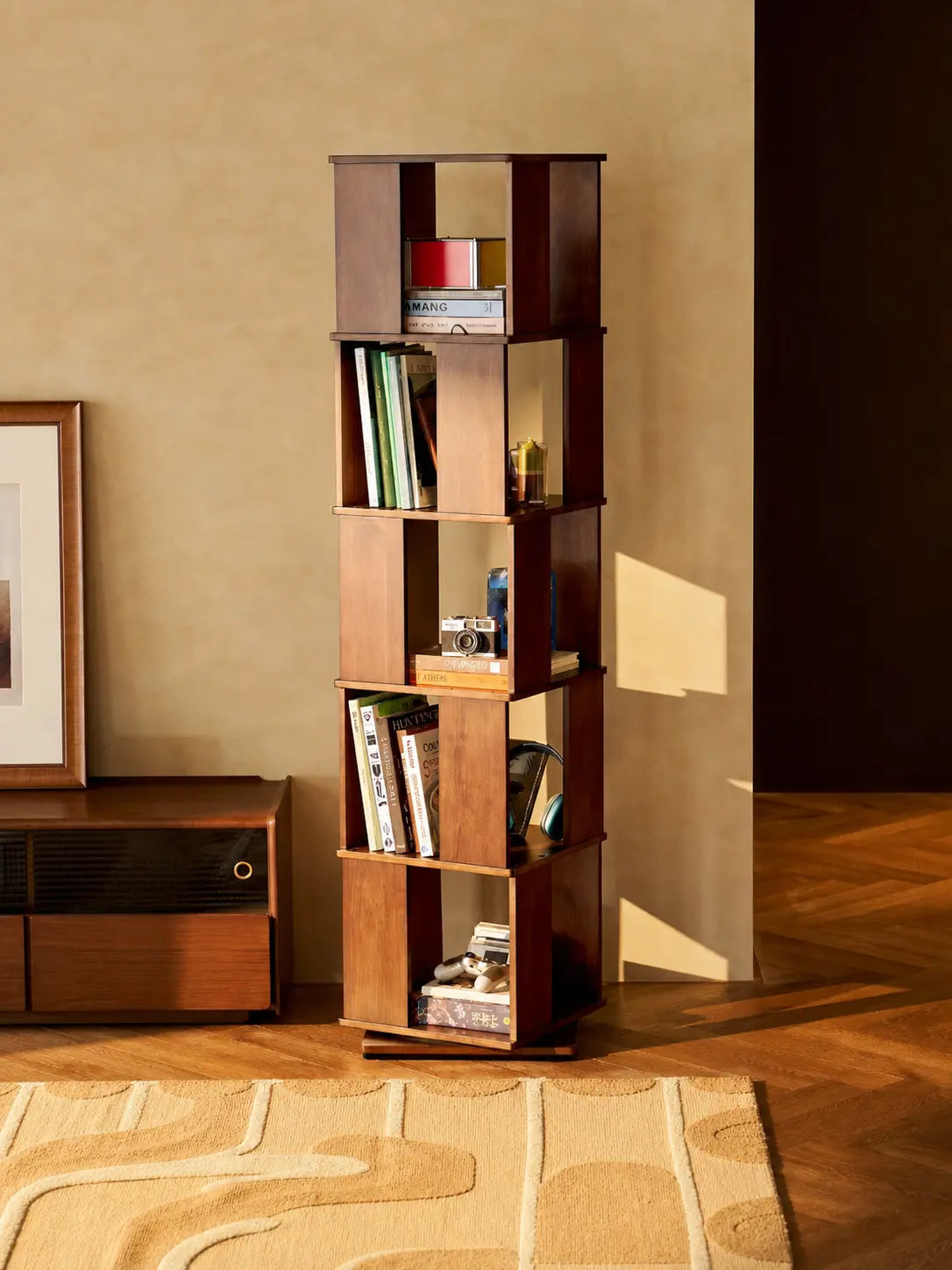 Luke Rubber Wood Rotating 5-Layer Bookshelf