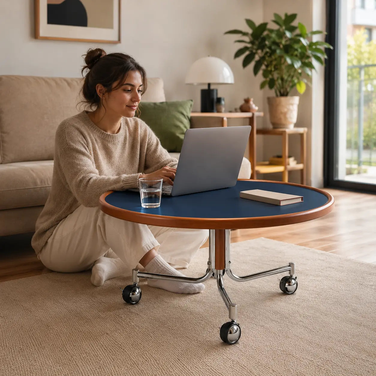 Cielo Cherry Wood Rolling Coffee Table