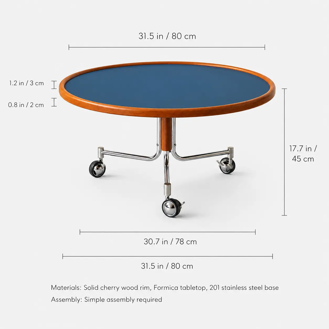 Round table with blue Formica top and cherry wood rim, dimensions shown on a white background.