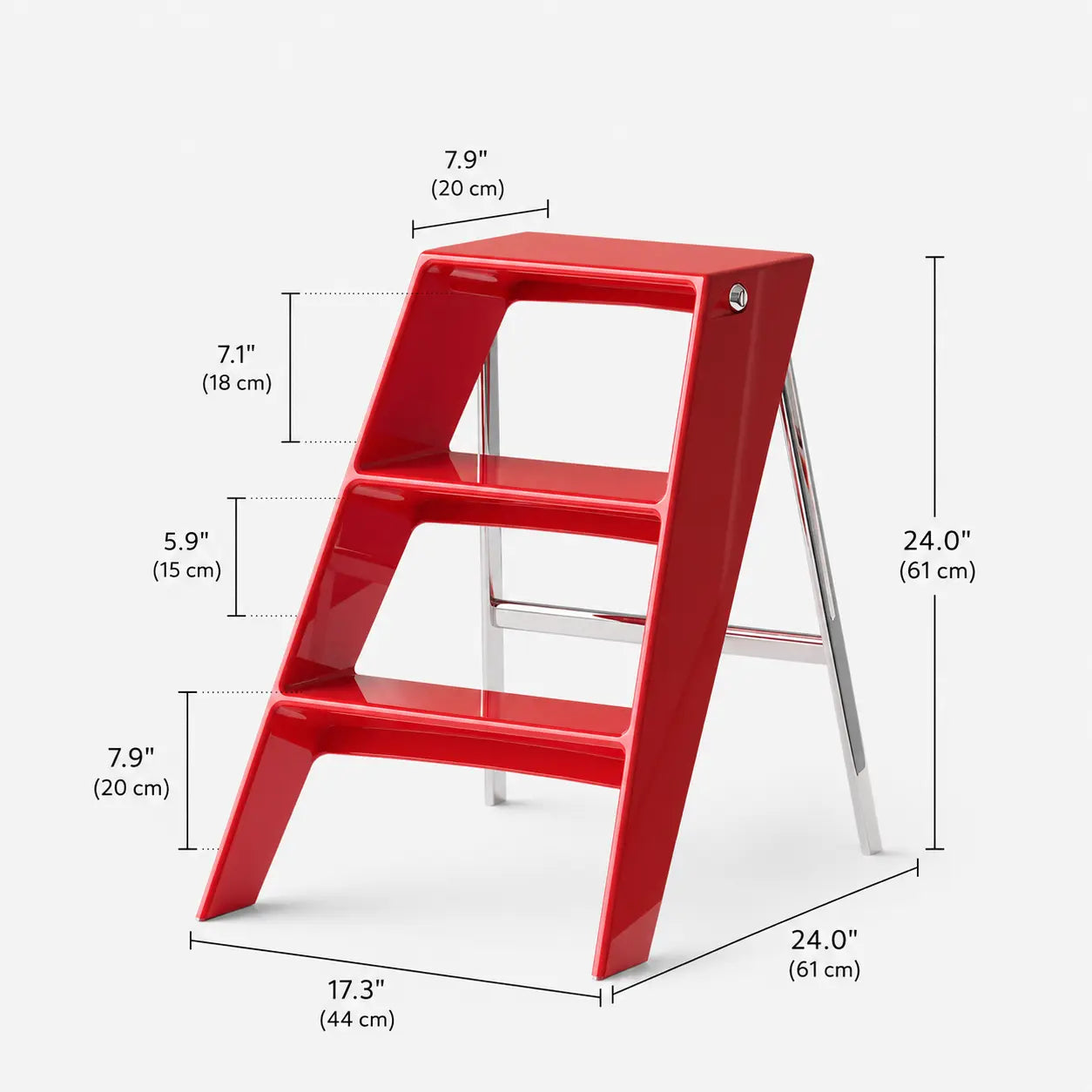Red step stool with dimensions labeled on a white background