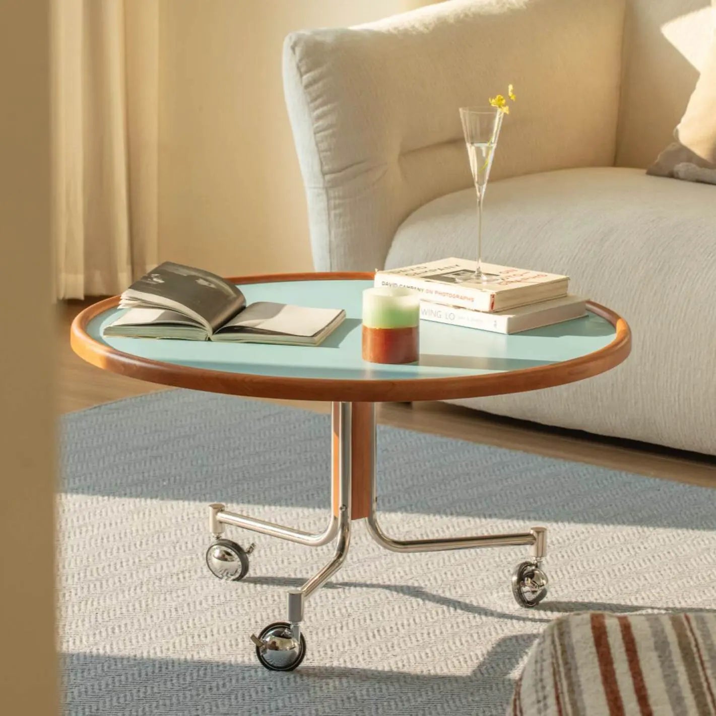 Cielo Cherry Wood Rolling Coffee Table