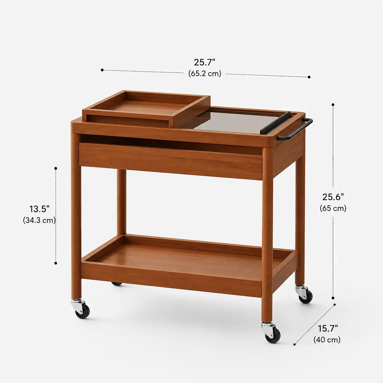 Wooden serving cart with dimensions labeled on a white background