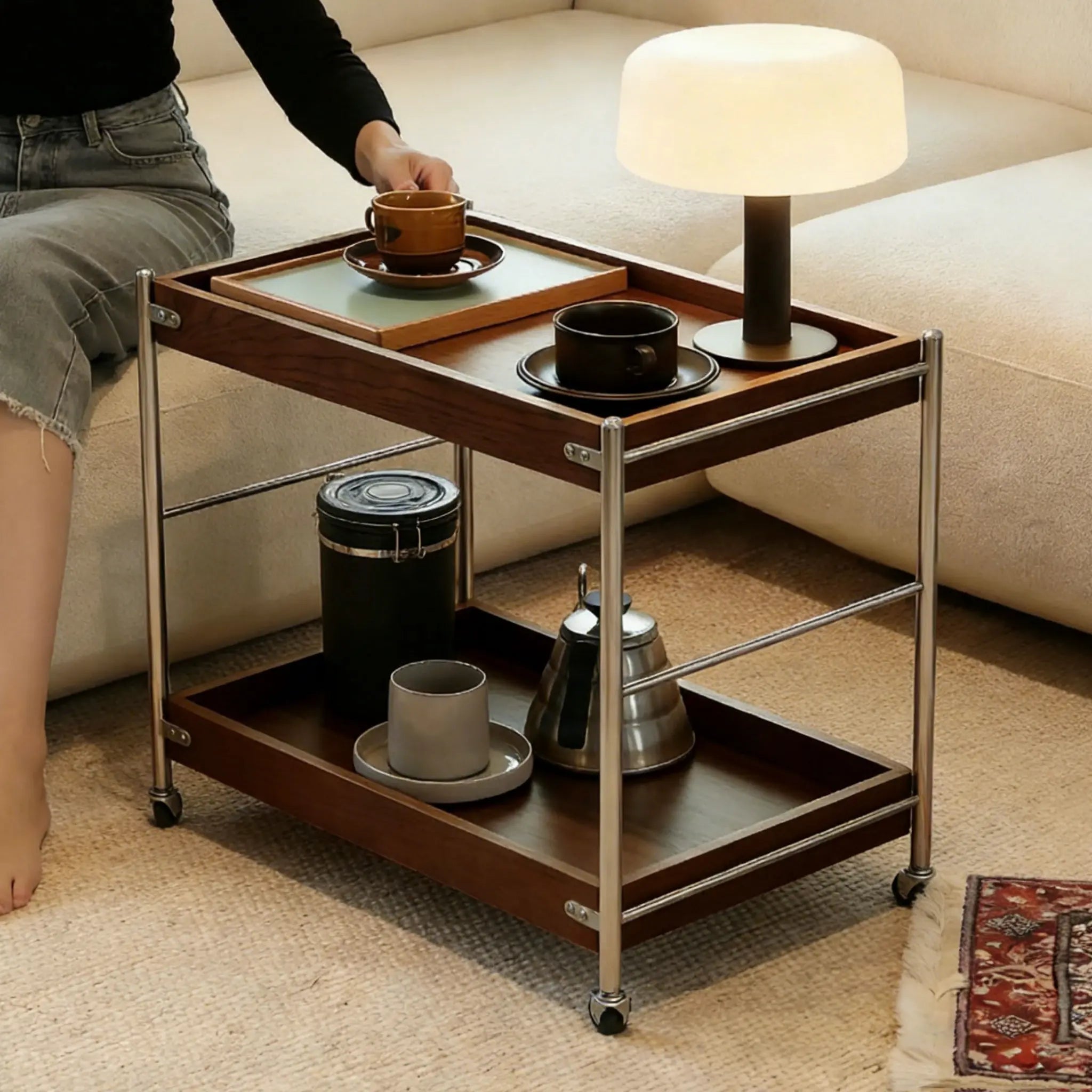 Tove 2-Tier Solid Wood Rolling Cart