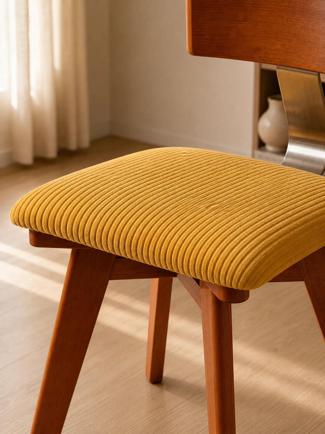 Galen dining chair yellow corduroy cushioned seat detail