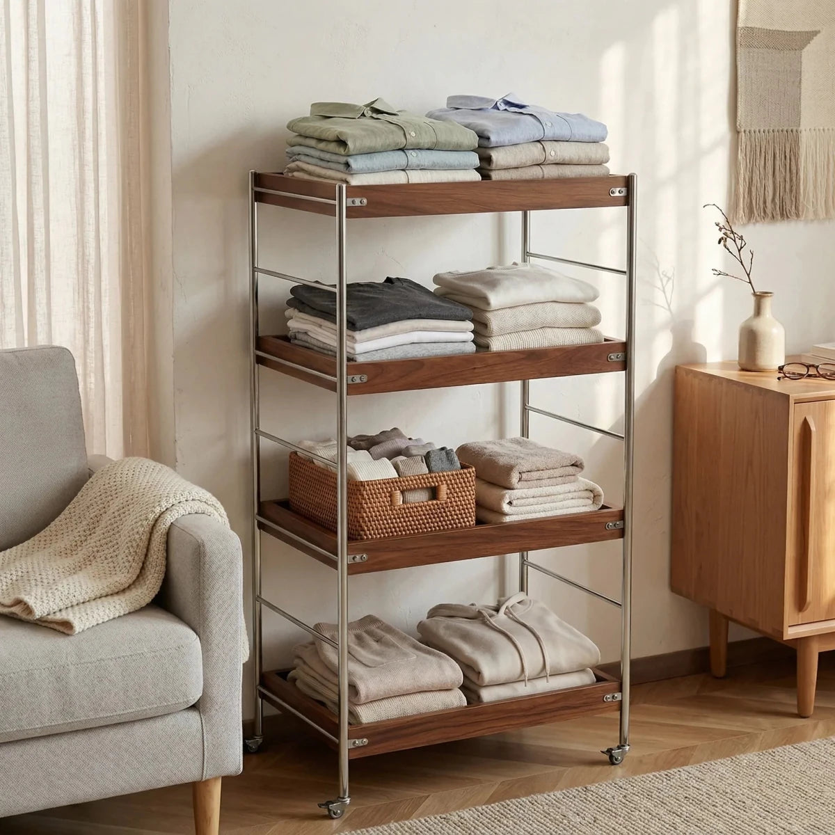 Tove rolling cart styled with folded blankets beside an armchair