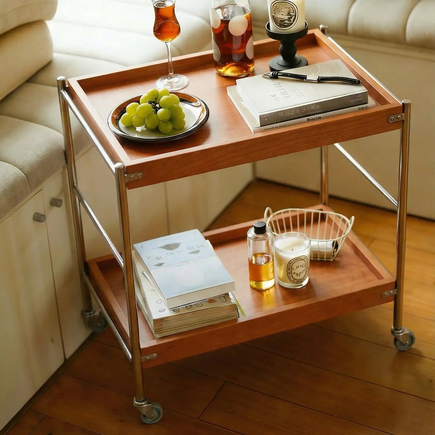 Tove 2-Tier Solid Wood Rolling Cart