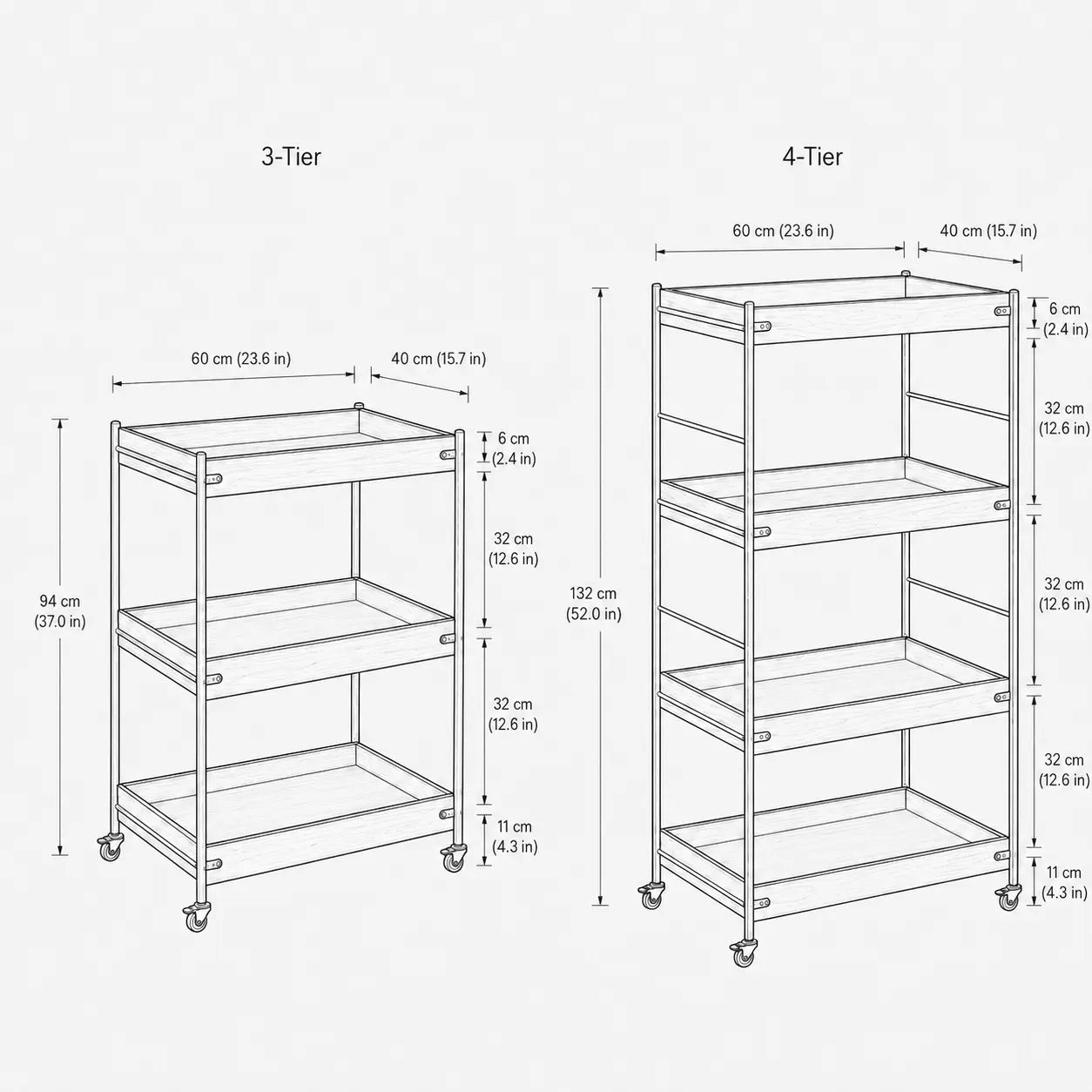 Dimensions of 3-tier and 4-tier metal shelves on a white background