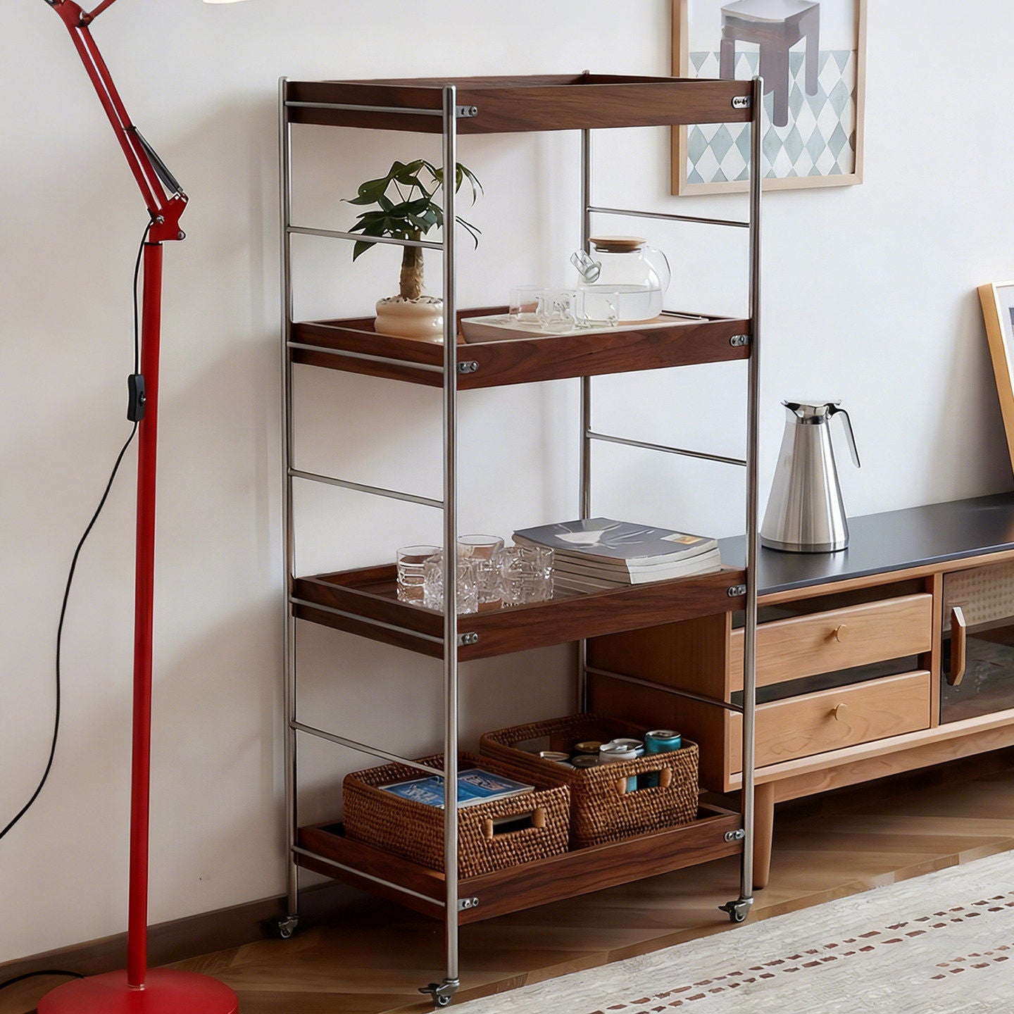 Dark wood Tove rolling cart used as open living room storage